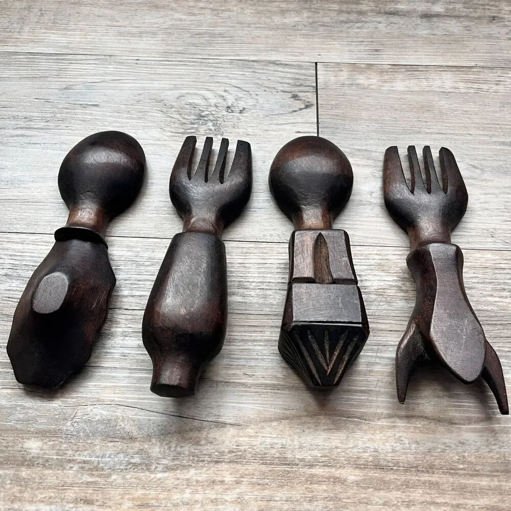 Vintage Western Carved Wooden Salad Servers Spoon Fork Rustic Cowboy Utensils